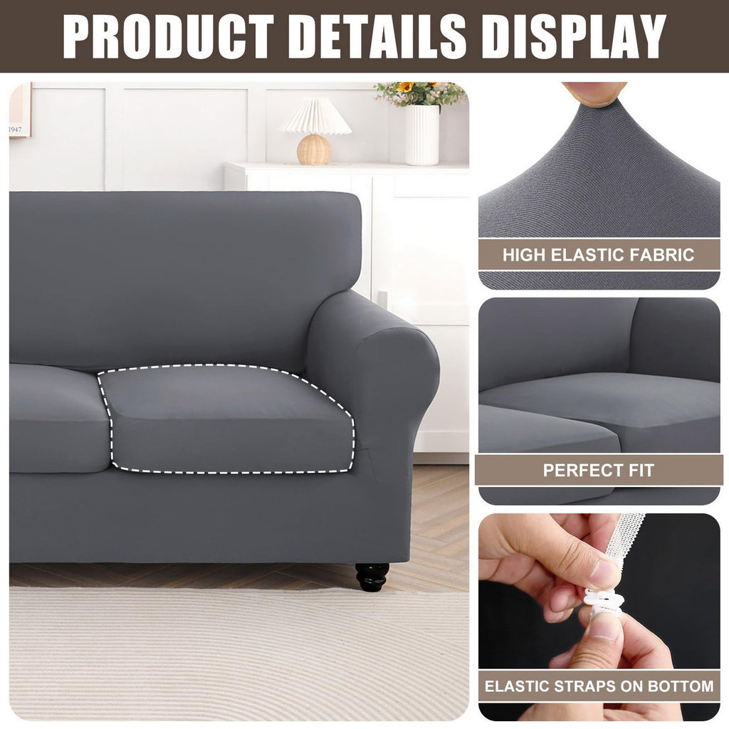 Searchi Stretch Sofa Cover Couch Cover, 3 Pieces Loveseat Slipcover With 2 Separate Cushion Cover, Washable Furniture Protector For Living Room(Loveseat, Grey)