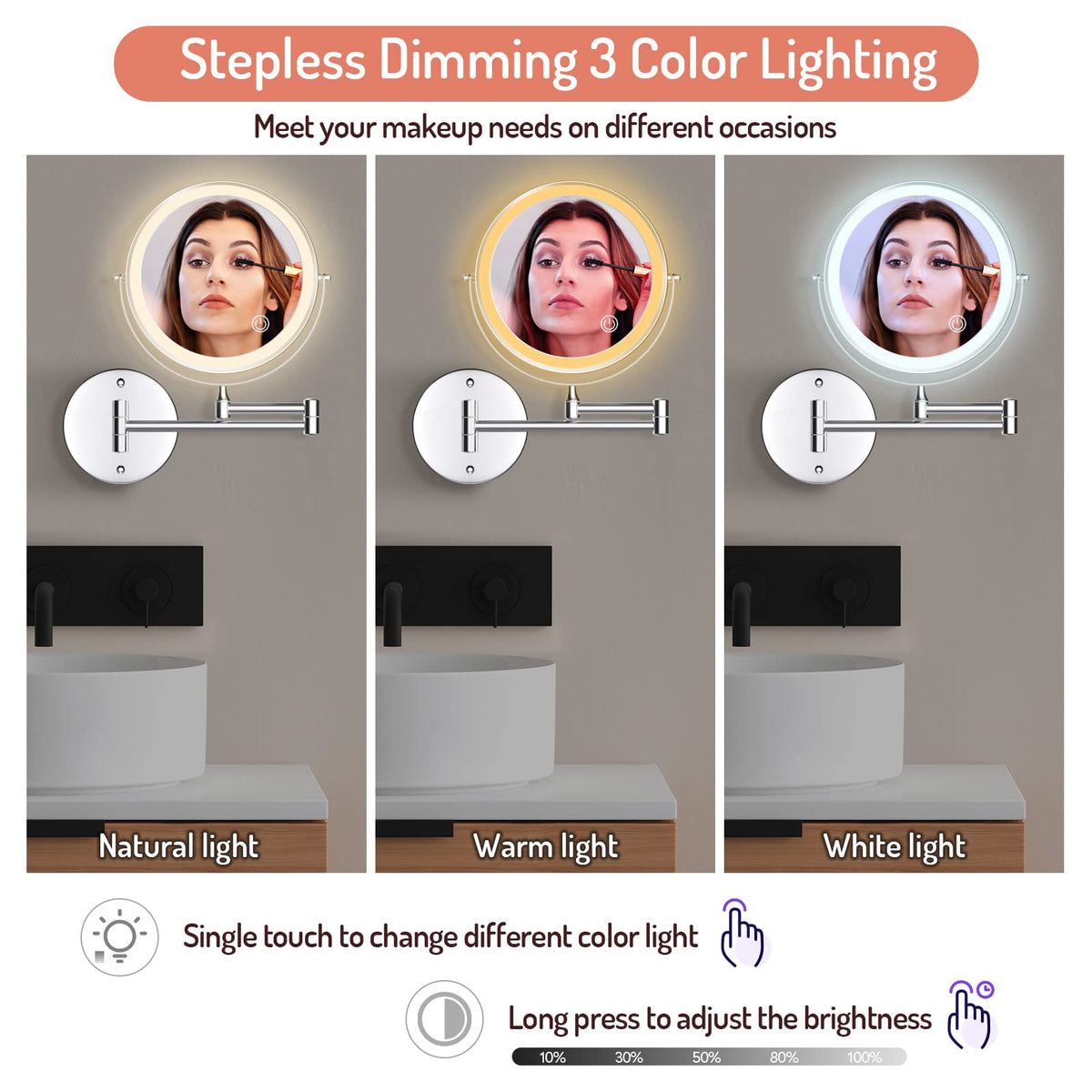 Rocollos Rechargeable Wall Mounted Lighted Makeup Mirror, 8 Inch Double-Sided Led Vanity Mirror 1X/7X Magnification,3 Color Ligh