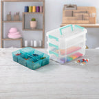 Sterilite Stack And Carry 3 Layer Handle Box And Tray, Plastic Small Storage Container With Latch Lid, Organize Crafts, Clear Wi