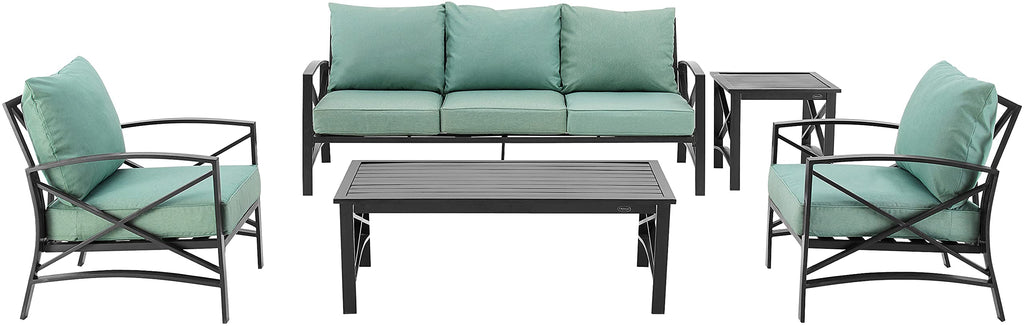 Crosley Furniture Kaplan 5-Piece Outdoor Sofa Patio Furniture Set, Conversation Sets For Porch, Deck, Oiled Bronze With Mist Cushions