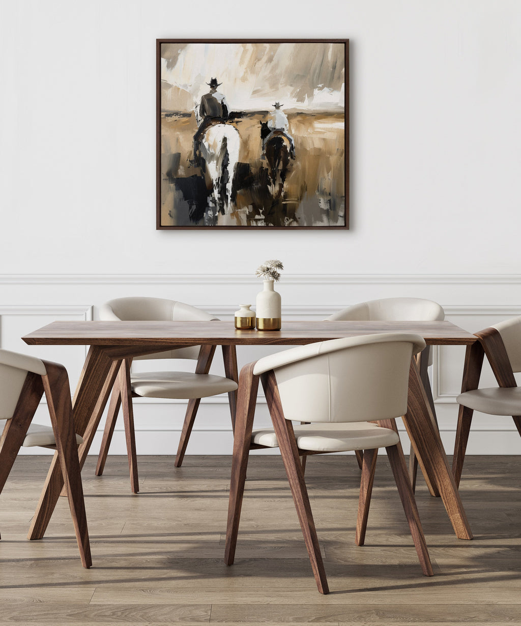 Sylvie Western Cowboy Horseback Ranch Abstract Neutral 2 Framed Canvas by The Creative Bunch Studio