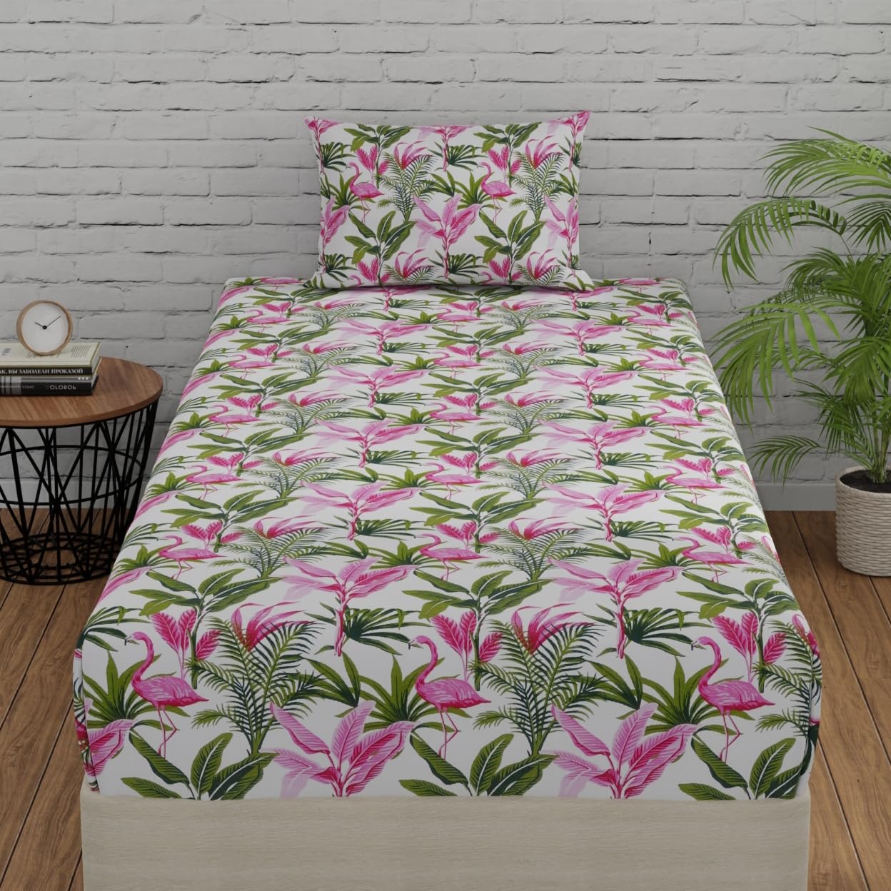 Huesland By Ahmedabad Cotton 144 Tc Cotton Bed Sheets For Single Bed With Pillow Cover | Flamingos Pink