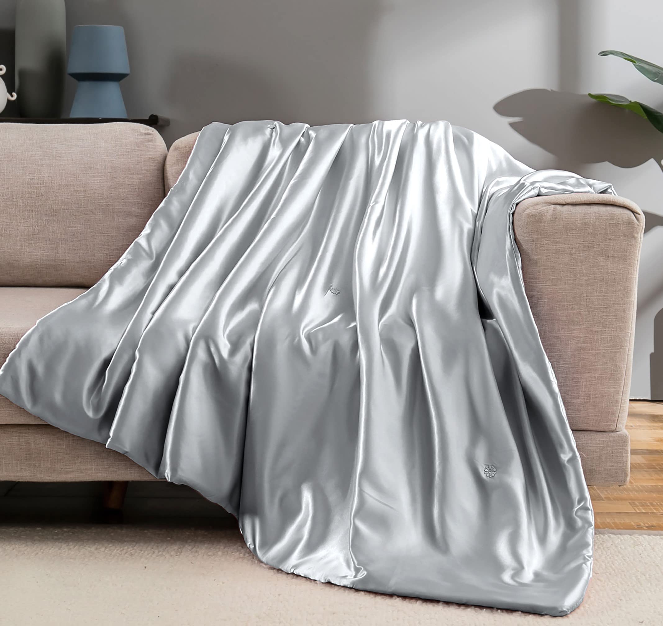 Vonty Satin Throw Blanket Silver Grey Satin Blankets 90X90 Inches(With Small Flowers), Cooling & Silky Throw Blanket Wrinkle-Fre