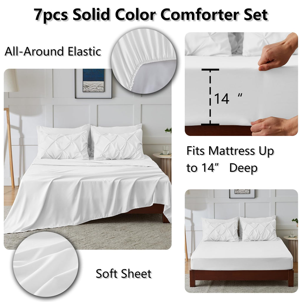 Himeet White Queen Comforter Set 7 Pieces White Queen Comforter(88''X88'') Pintuck White Comforter Set Pinch Pleat White Comfort