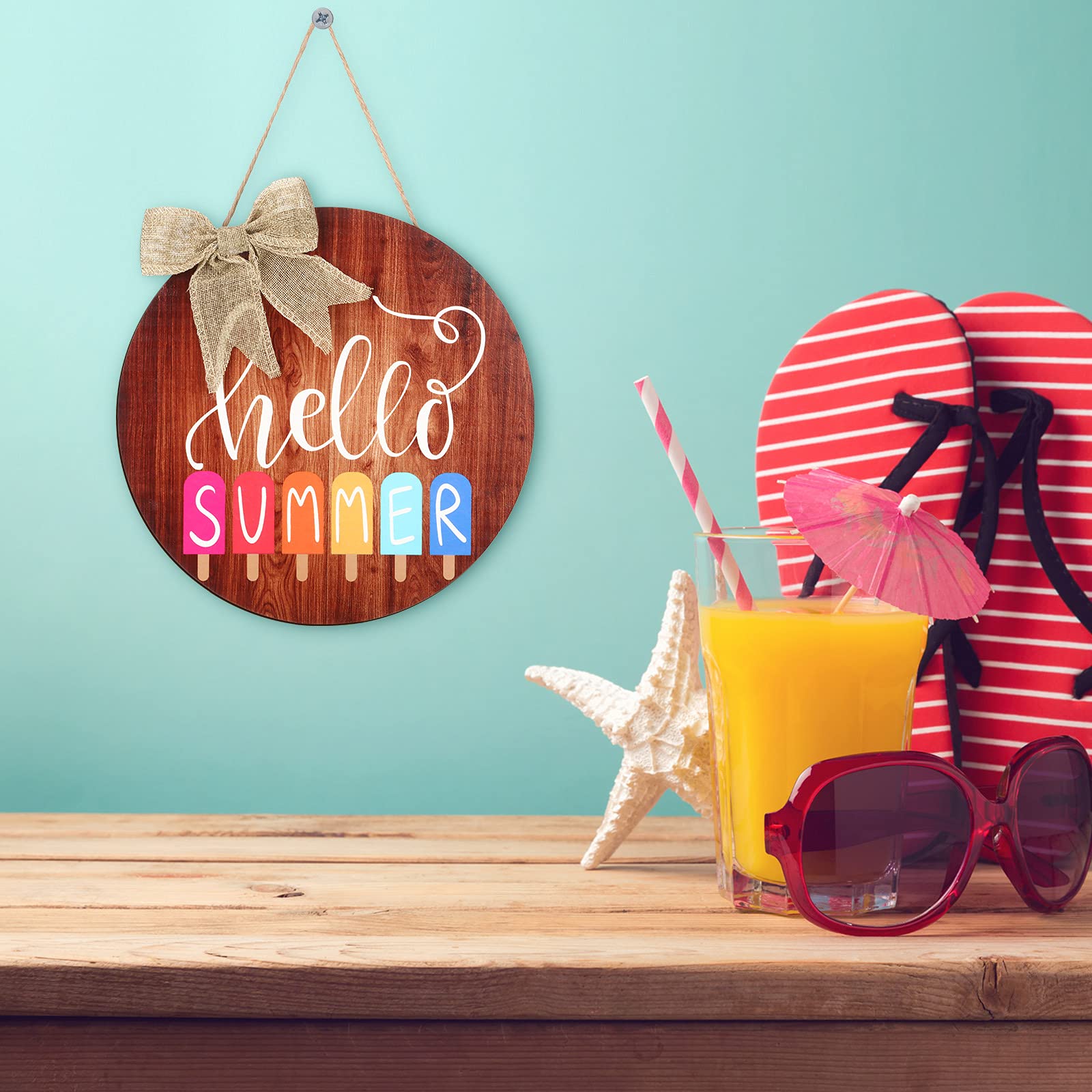 Hello Summer Sign 12 X 12 Inch Summer Welcome Sign Front Door Decor Farmhouse Porch Decoration Round Wooden Hanging Sign For Hom