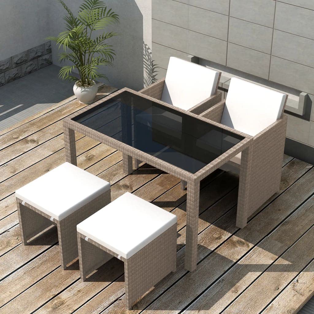 vidaXL Patio Furniture Set 5 Piece, Table and Chair for Garden Balcony Porch, Outdoor Dining Set with Cushions, Stool, Poly Rattan Beige
