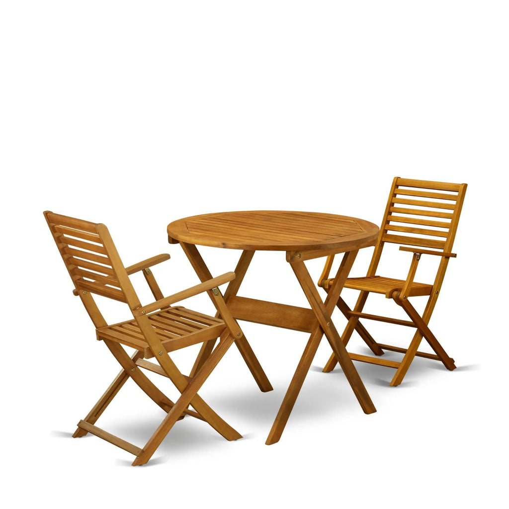 East West Furniture MNBS3CANA Marion 3 Piece Outdoor Conversation Bistro Set Contains a Round Acacia Wood Coffee Table and 2 Folding Arm Chairs, 30x30 Inch, Natural Oil