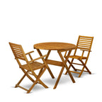 East West Furniture MNBS3CANA Marion 3 Piece Outdoor Conversation Bistro Set Contains a Round Acacia Wood Coffee Table and 2 Folding Arm Chairs, 30x30 Inch, Natural Oil