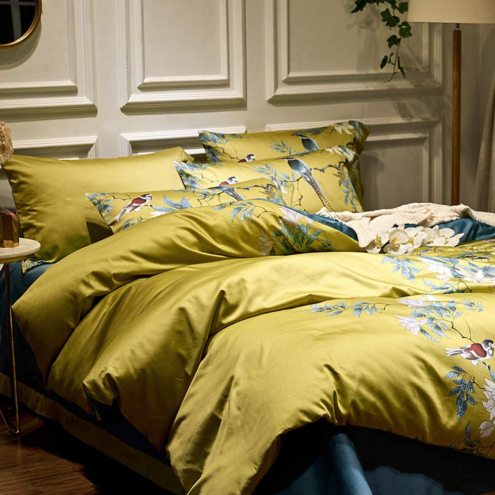 Mixinni Floral Duvet Cover Set Full Soft Cotton White Flowers Birds Bedding With Zipper Closure 2 Pillowcases Leaf Printed Yello