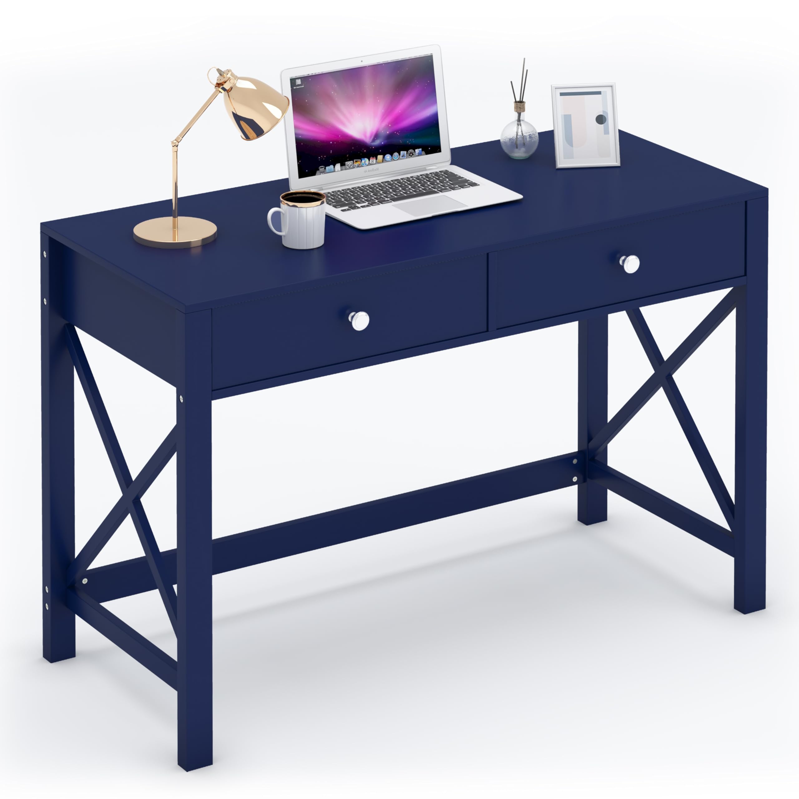 WiberWi Home Office Desk with Drawers, Modern Writing Computer Desk for Bedroom, Small Navy Makeup Vanity Table Desk for Girls, 