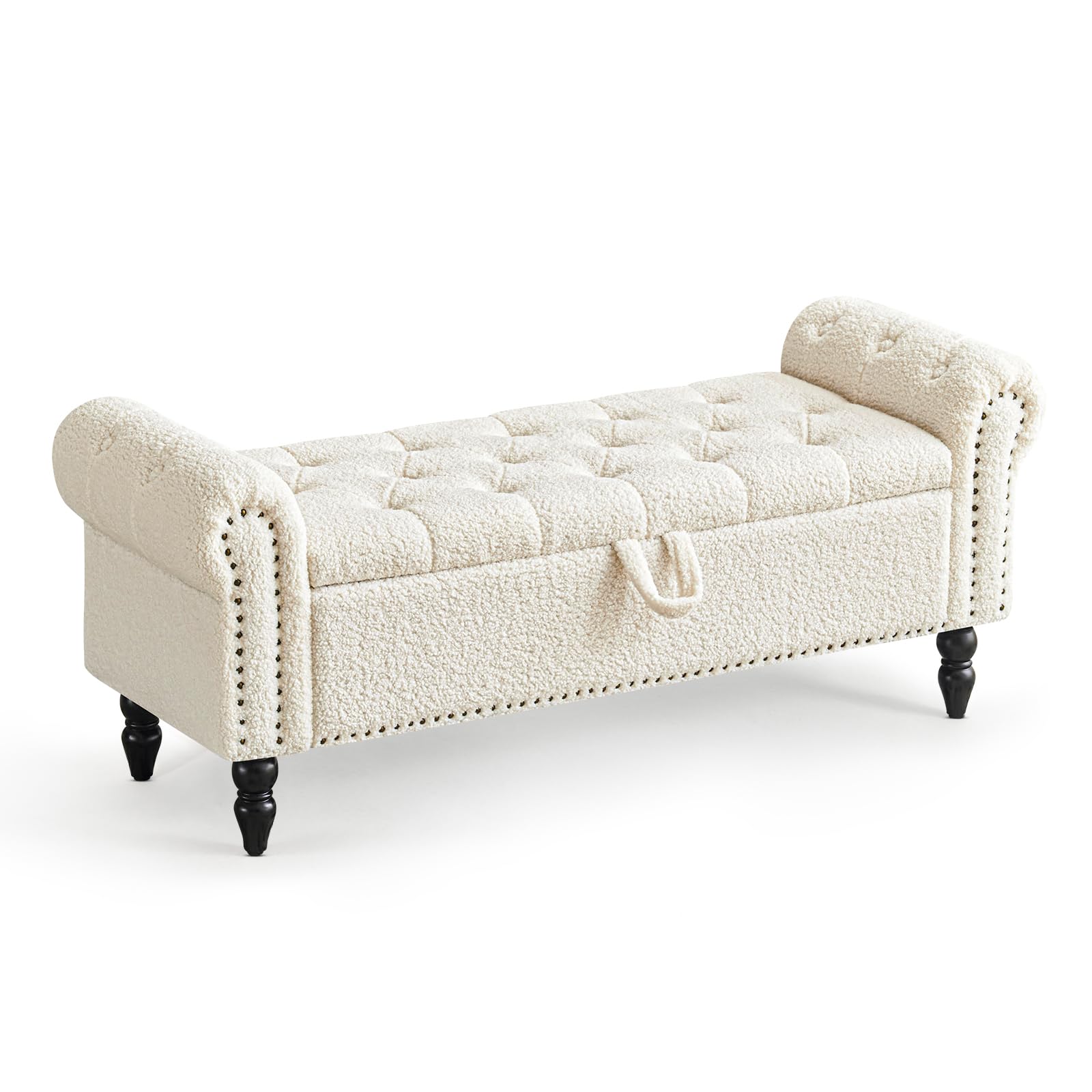 Furniliving Modern Storage Ottoman Bench, Sherpa Bench End of Bed Bench with Solid Wood Legs Upholstered Ottoman Bench with Stor
