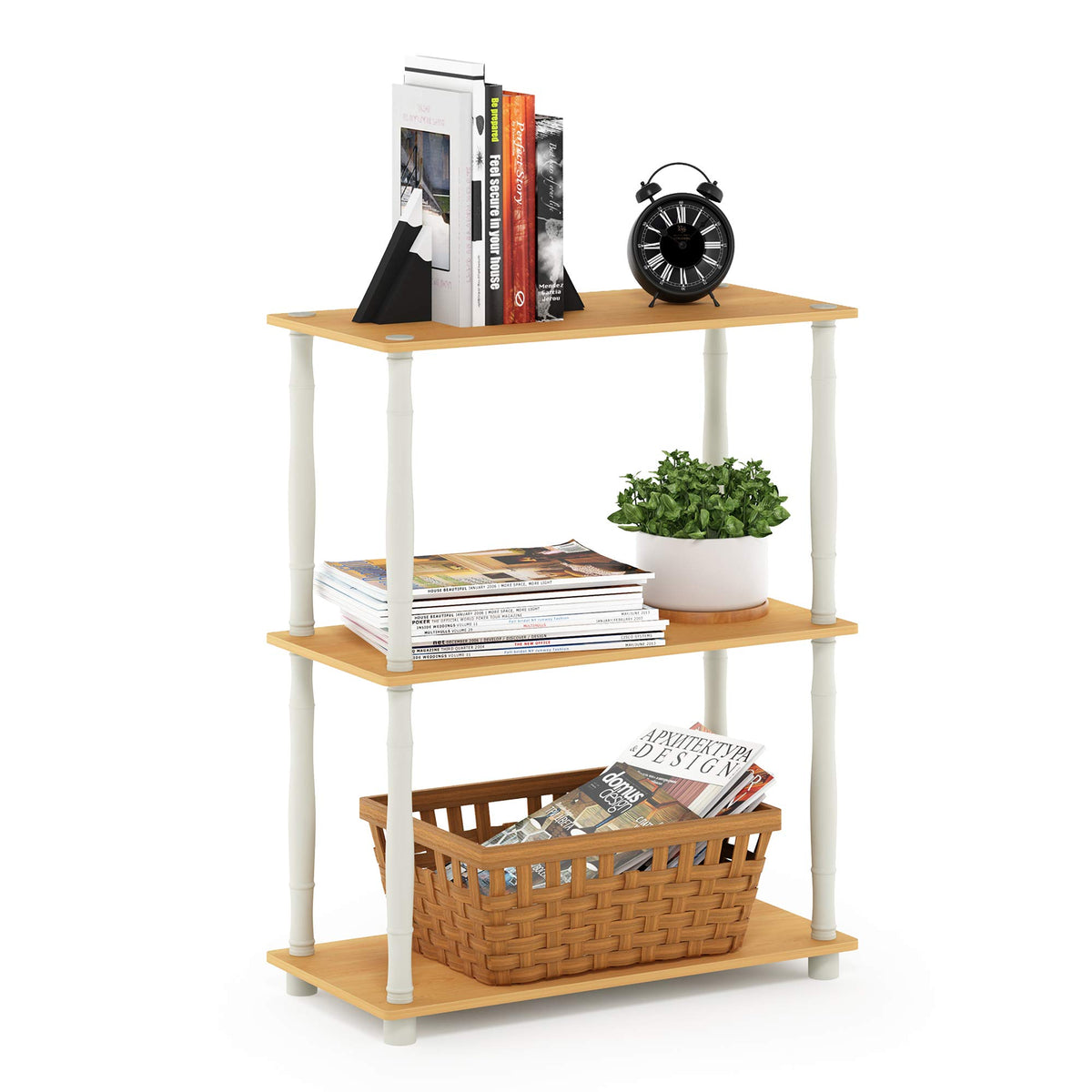 Furinno Turnntube 3Tier Compact Multipurpose Shelf Display Rack With Classic Tube, Beech/White