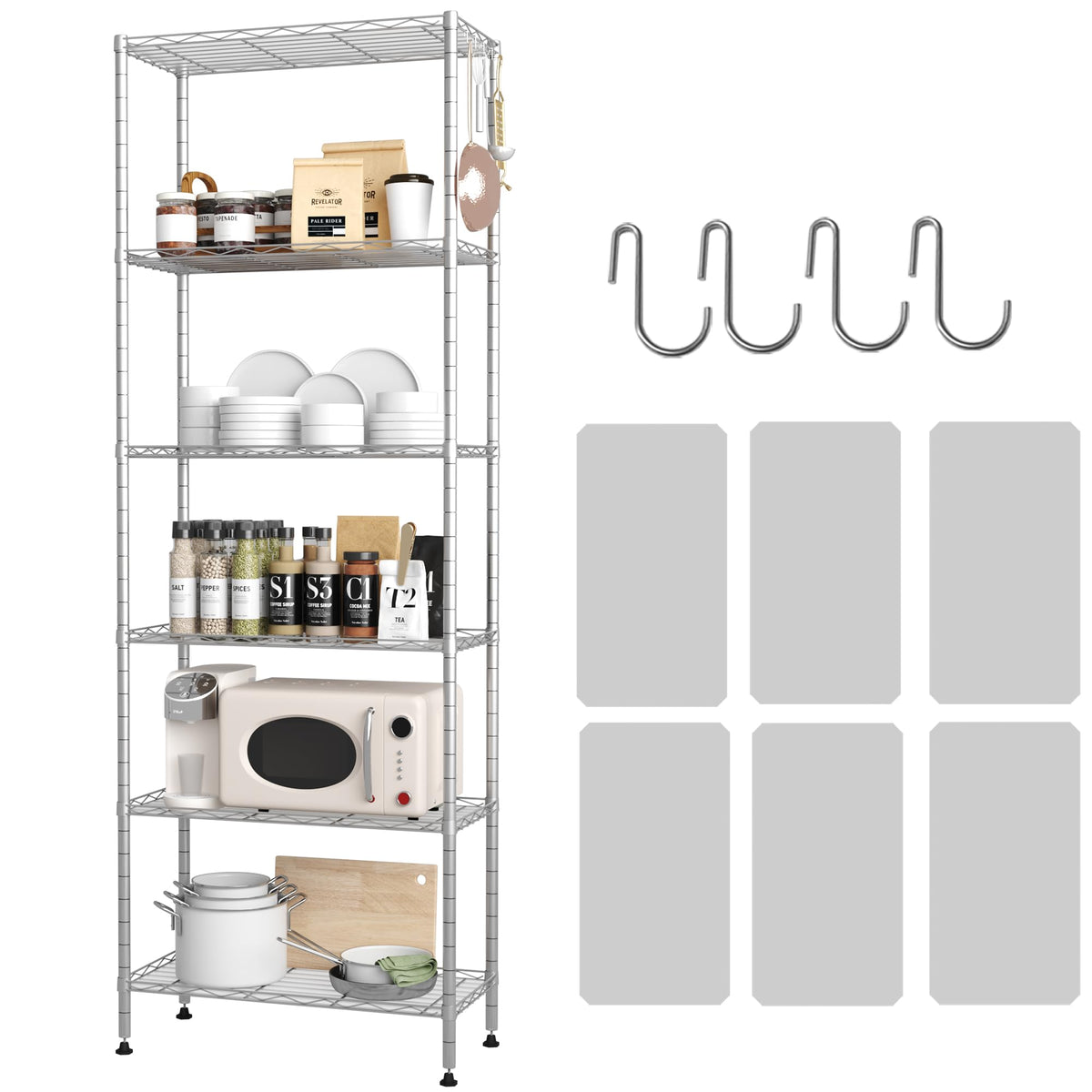 Homefort 6-Shelving Unit, Adjustable Wire Shelving, Metal Wire Shelf With Shelf Liners And Hooks For Kitchen, Closet, Bathroom, Laundry,Sliver,21' W X 11' D X 69' H