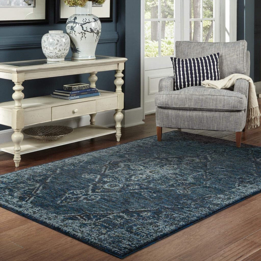 HomeRoots 510057 9 x 12 ft. Blue & Brown Oriental Power Loom Stain Resistant Rectangle Area Rug