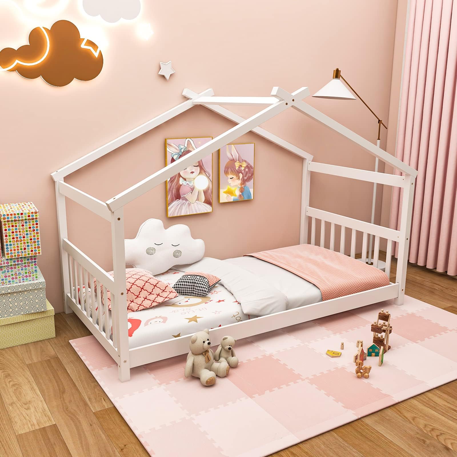 Gorelax Twin Bed Frame, Low Floor Kid House Bed With Roof, Montessori Floor Bed, Headboard & Footboard, No Box Spring Needed, Wood Twin Size Platform Bed Frame For Boys, Girls (White)