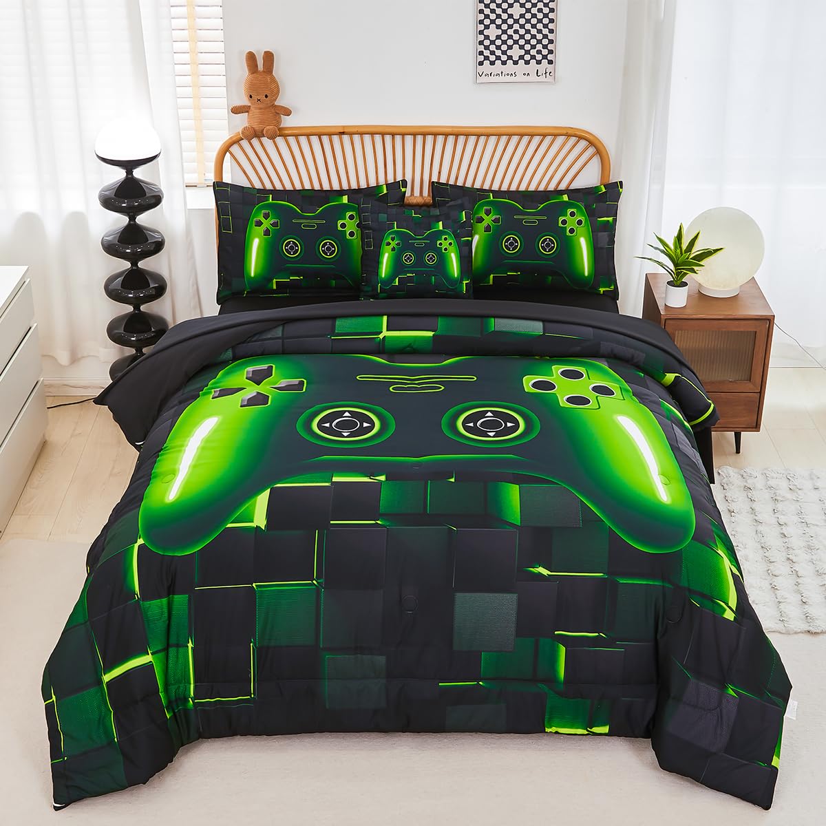 Perfemet 6 Pcs Full Size Gamer Comforter Set Boys Green Game Console Bedding Set For Kids Teen 3D Black Video Gaming Pattern Bed