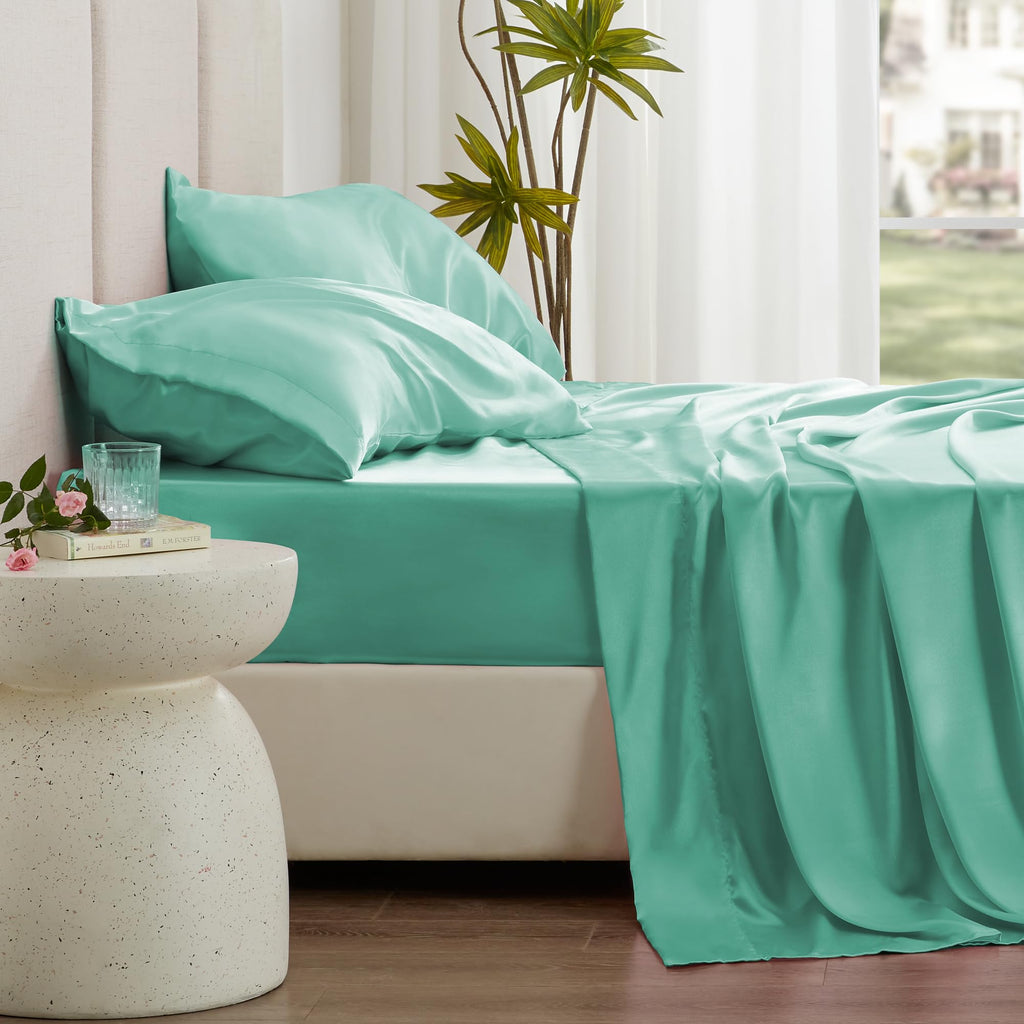 Love'S Cabin Twin Satin Sheets Sets - 3 Piece Aqua Silky Satin Bed Sheets Twin With Deep Pockets, Luxury Silk Feel Satin Twin Size Sheet Set Bedding Set (1 Flat Sheet,1 Fitted Sheet,1 Pillow Case)