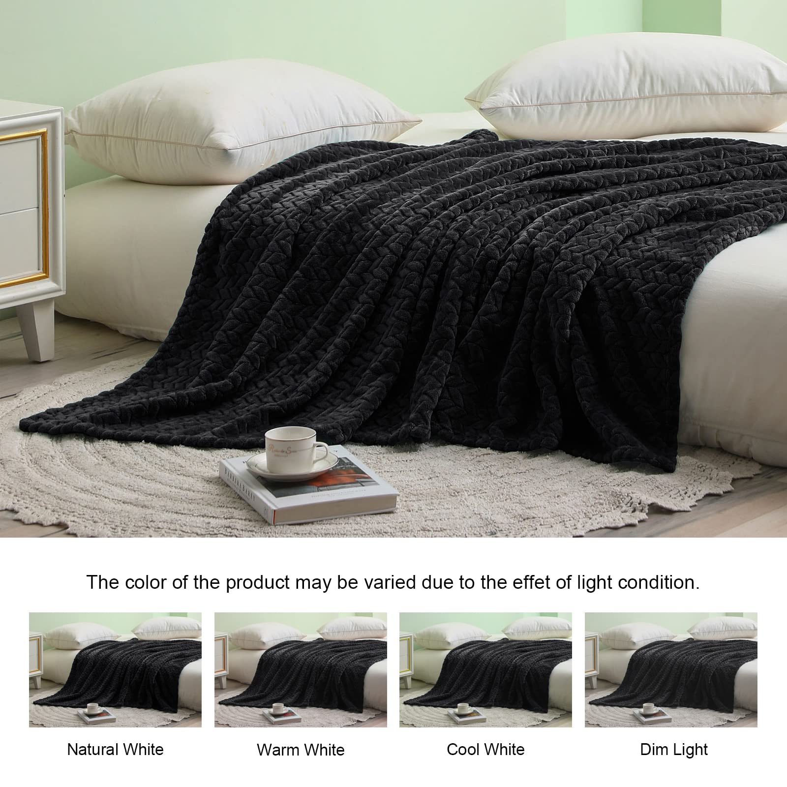 Exclusivo Mezcla Black Fleece Queen Size Blanket For Bed, 90X90 Inches Soft Cozy 3D Decorative Jacquard Flannel Blankets, Lightw