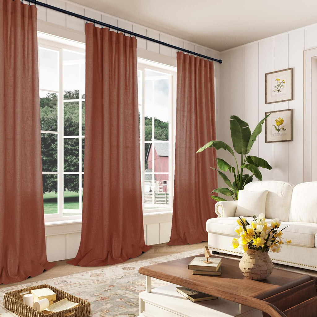 Terracotta Curtains Panels 63 Inch Length For Back Tab Semi Sheer, Linen Woven Textured Drapes Rod Pocket 2 Panels Set,Burnt Orange Boho Farmhouse Rust Curtain For Bedroom/Living Room/Kids Room