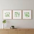 Set Of Three Green Modern Garden Gold Framed Wall Art