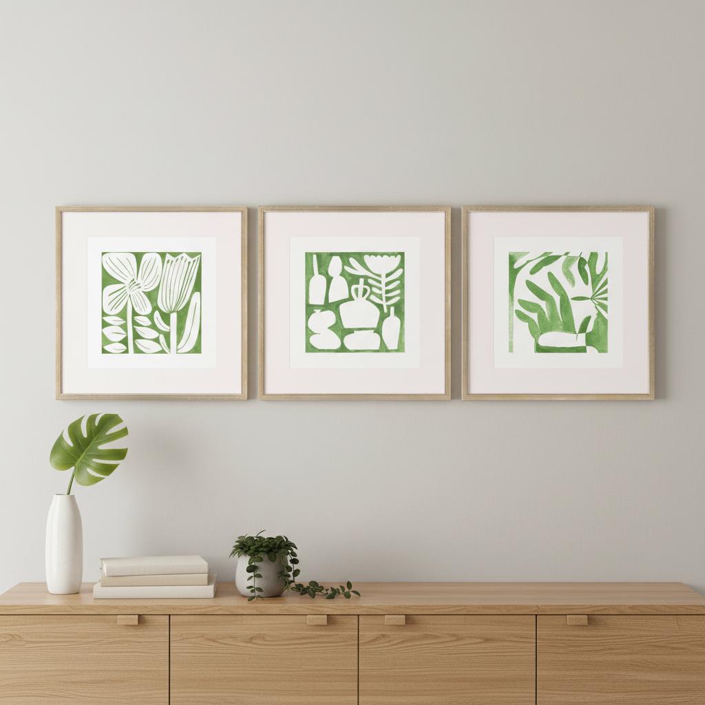 Set Of Three Green Modern Garden Gold Framed Wall Art