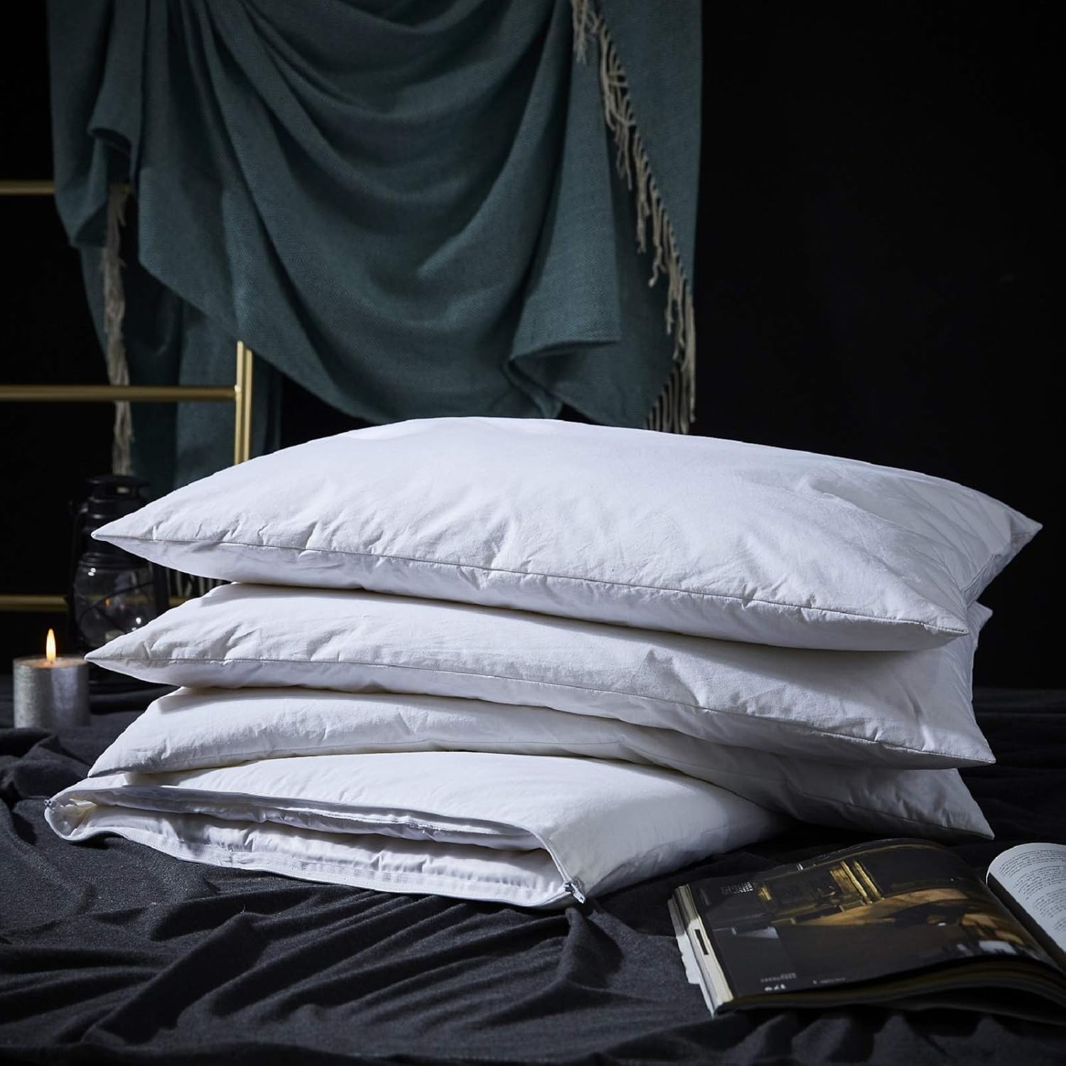 Three Geese Adjustable Layer Goose Feather Pillow Queen Size,Assemblable Bed Pillow with Pillowcase,100% Soft Cotton Cover,Good 