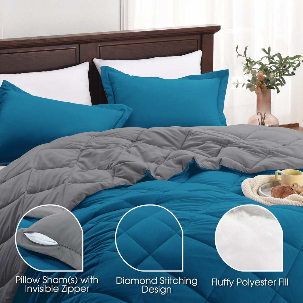 Basic Beyond Full Size Comforter Set - Blue Comforter Set Full, Reversible Comforter Full Size Set, 1 Comforter (82'X92') And 2 Pillow Shams (20'X26'+2')