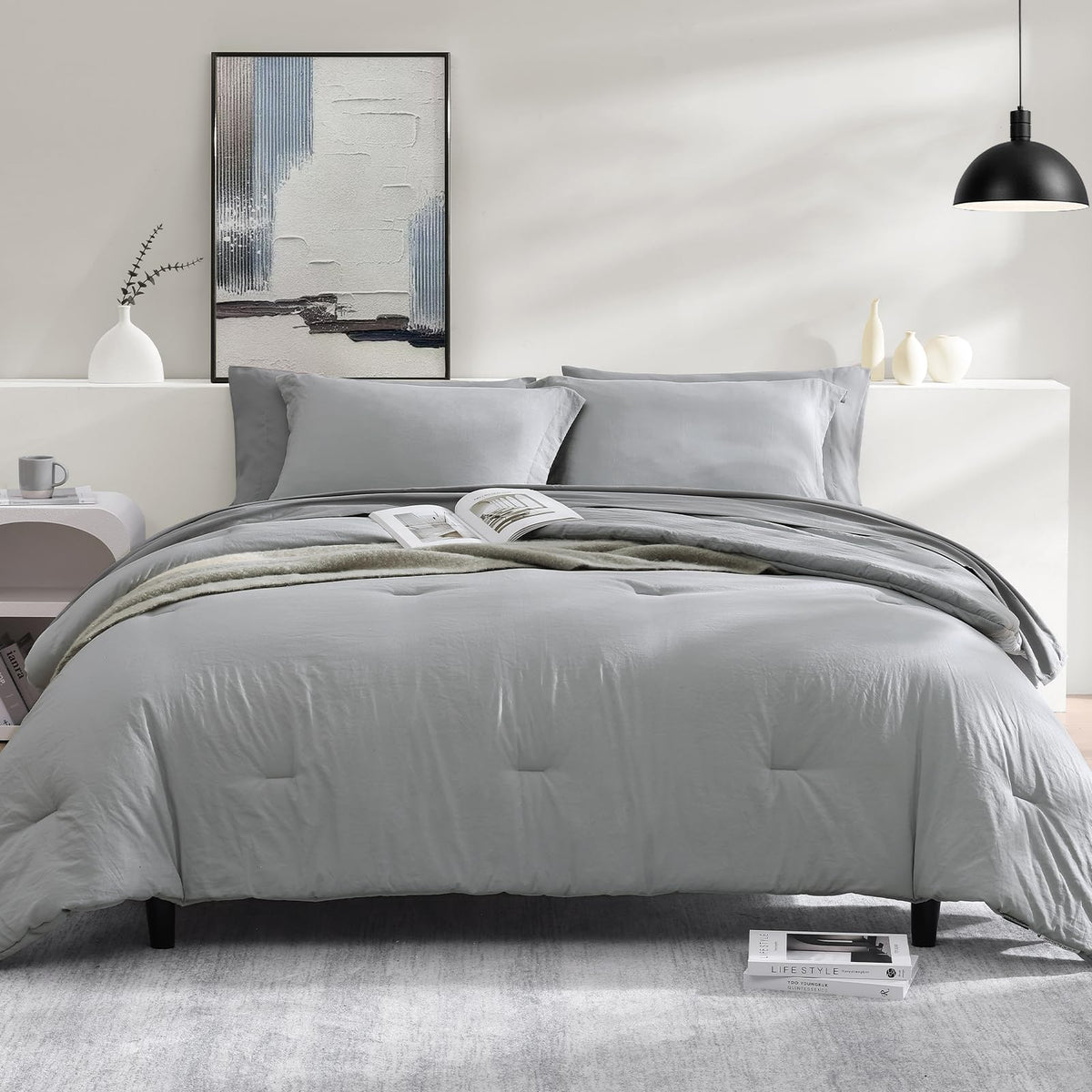 Wrensonge Light Grey King Comforter Set, 7 Pieces Soft Microfiber King Size Comforter With Fitted Sheet, Flat Sheet, 2 Pillow Sh
