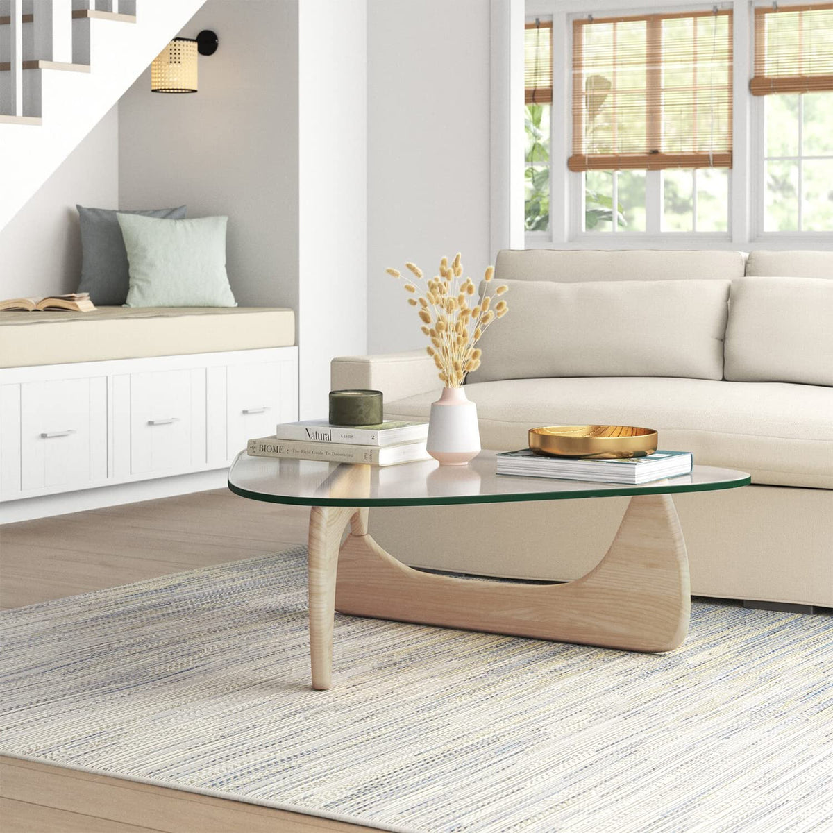 Rimdoc Noguchi Table Triangle Glass Coffee Table Vintage Glass End Table, Solid Wood Base & Triangle Clear Glass Top Modern End 
