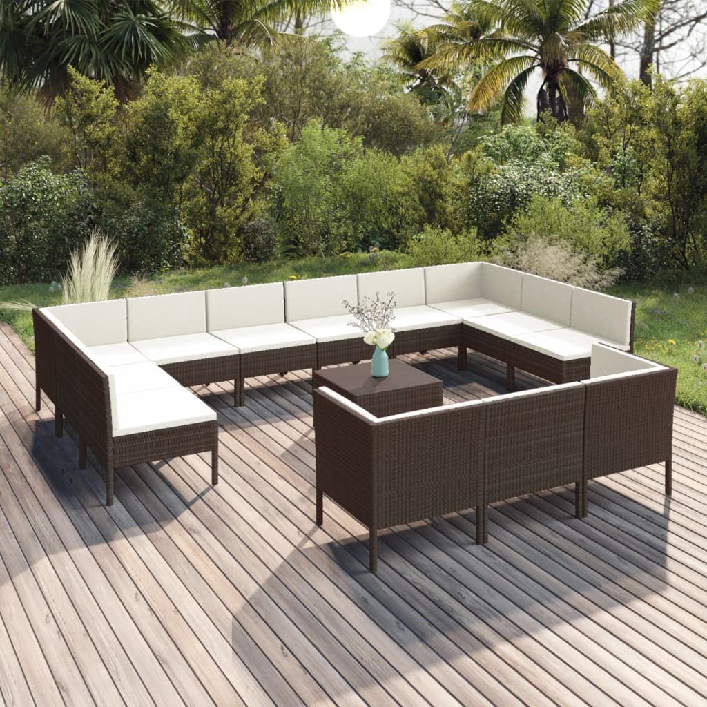 vidaXL Patio Lounge Set 14 Piece, Patio Furniture Set for Outside, Sectional Sofa with Cushions, Sofa, Farmhouse Modern, Poly Rattan Brown
