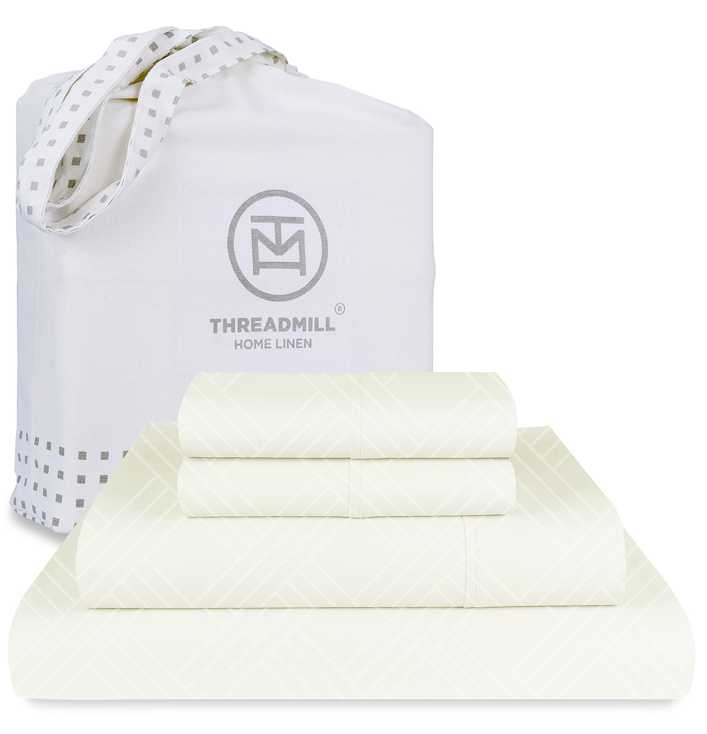Threadmill California-King Sheets - 800 Thread Count Jacquard Celine Ivory, 100% Pure Cotton 4 Piece Striped Bed Set, Extra Long