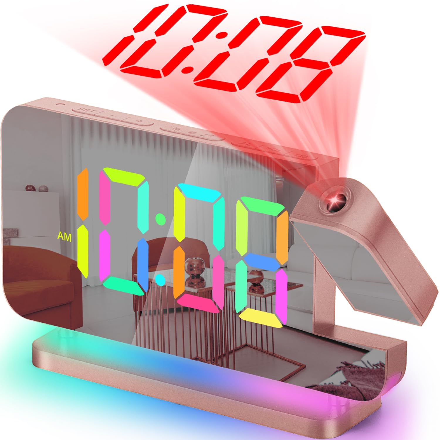 SZELAM Projection Alarm Clock,7.4 in LED Mirror Digital Clocks Projection on Ceiling Wall,with RGB Night Light,USB C Charging Po