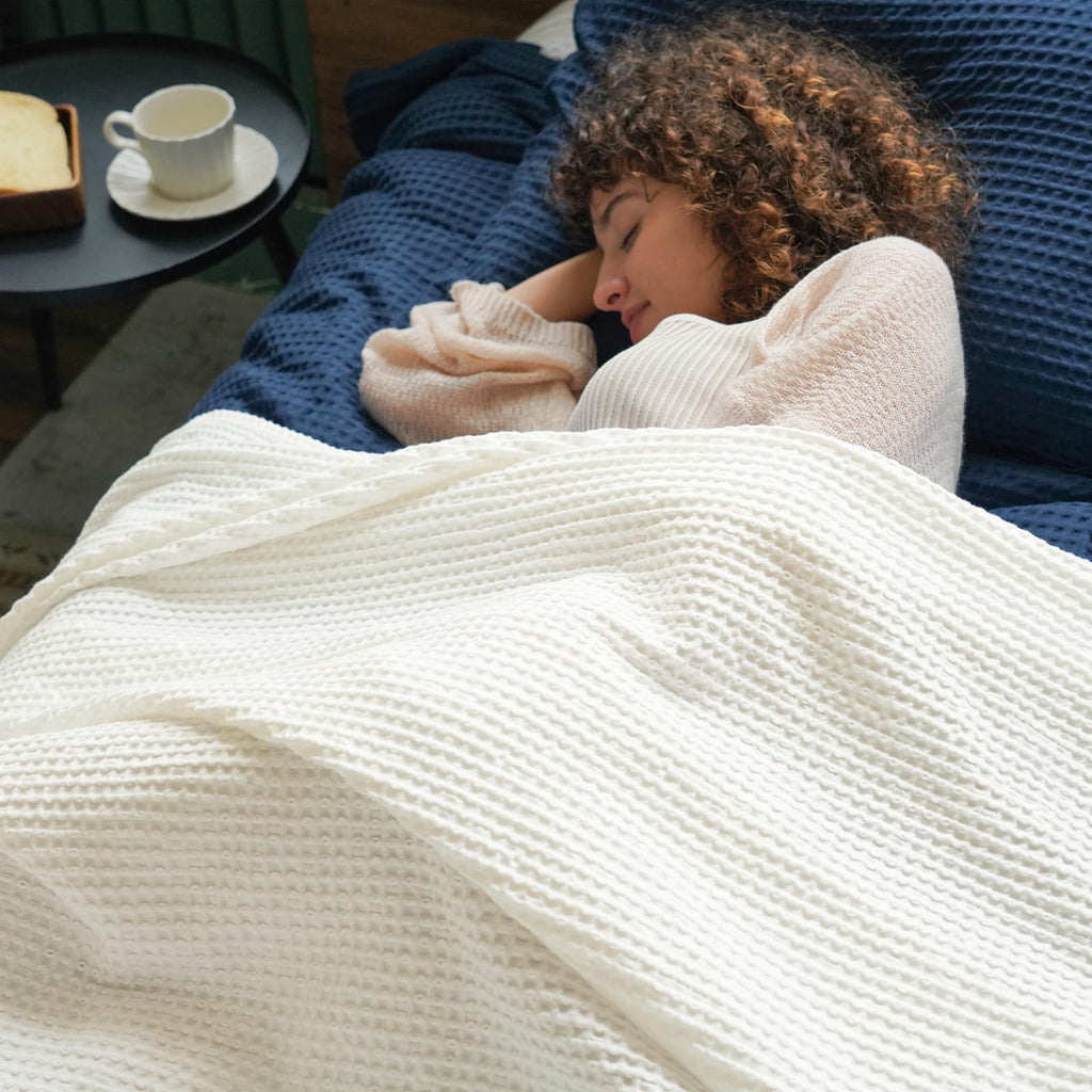 Phf 100% Cotton Waffle Weave Blanket Twin Size 66'X90' - Lightweight Cozy Washed Soft Breathable Throw Blanket - Great Blanket Layer For Couch Bed Sofa - Elegant Aesthetic Home Decoration - Cream