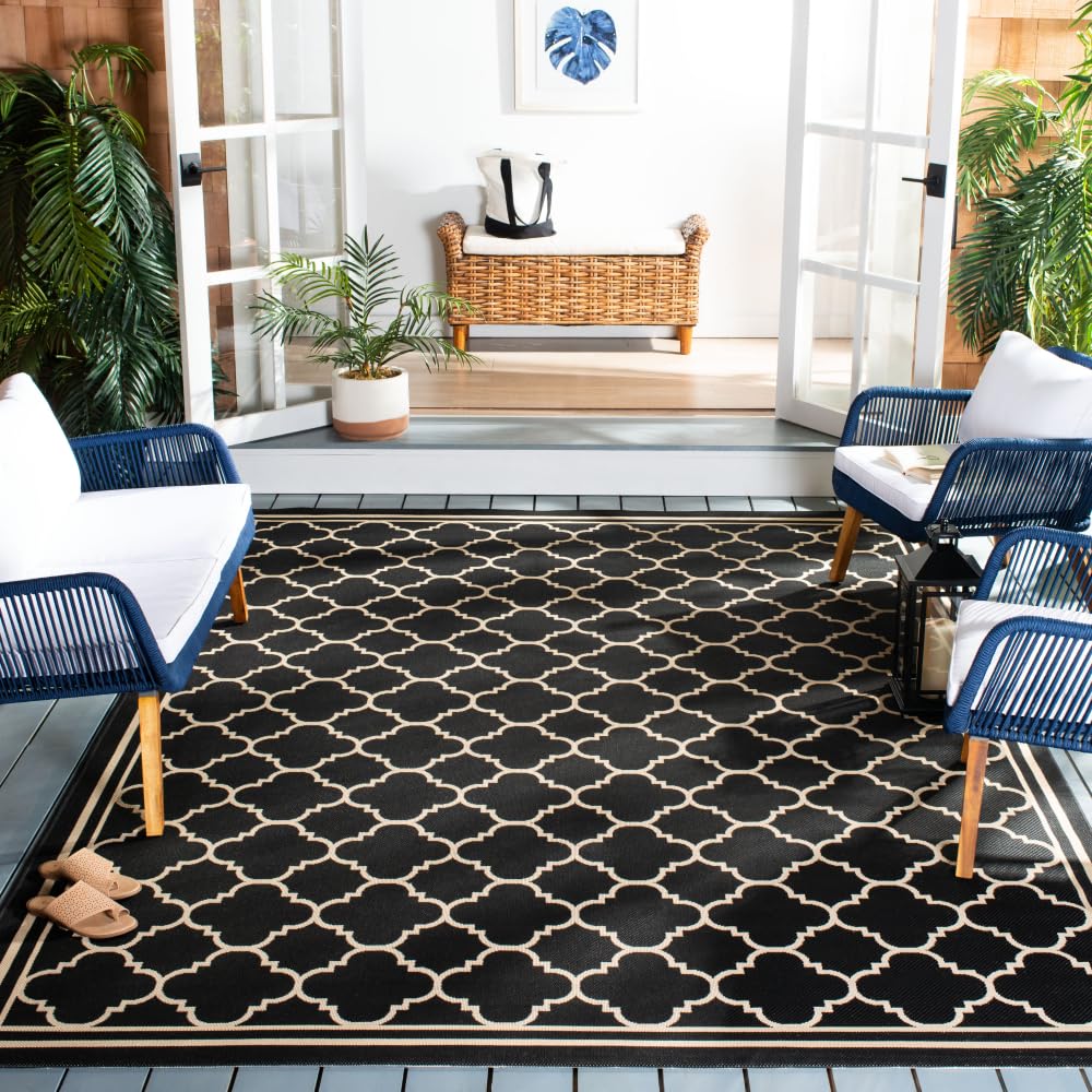 SAFAVIEH Courtyard Collection Area Rug - 8 x 11, Black & Beige, Trellis Design, Non-Shedding & Easy Care, Indoor/Outdoor & Was