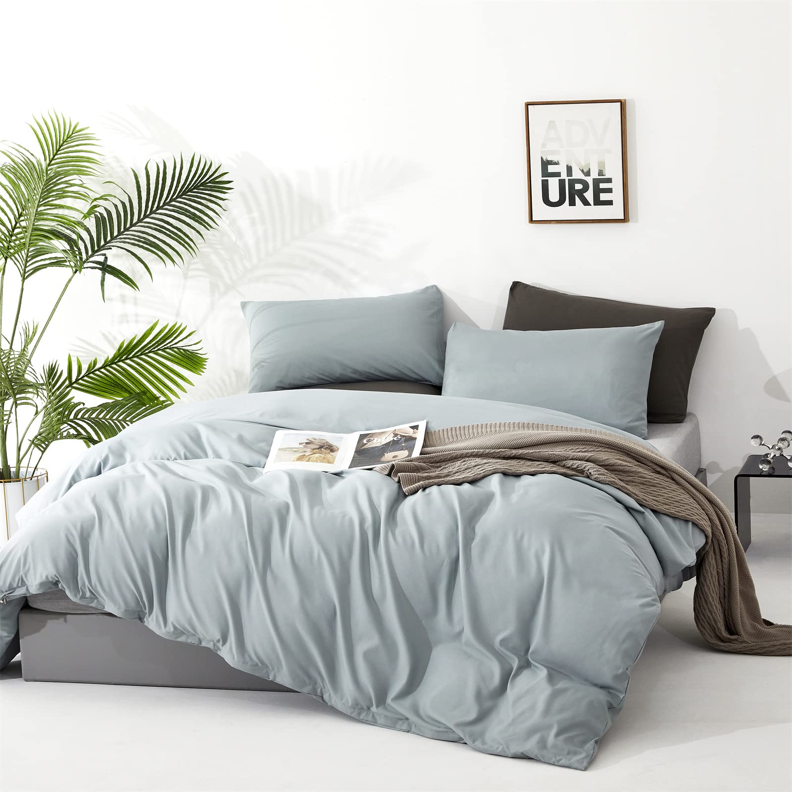 Clothknow Blue Comforter Set King 3Pcs Light Blue Bedding Comforter Sets Haze Blue King Comforter Soft Dusty Blue King Size Comf