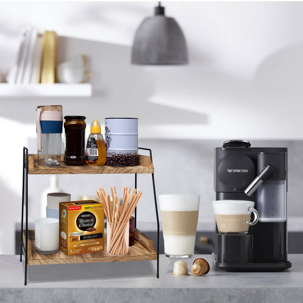 Quallon Coffee Bar Accessories And Organizer, Coffee Station Organizer 2 Tier Bathroom Counter Organizer, Wood Coffee Tray, Bath