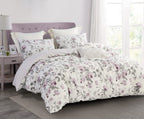 Sleepbella Comforter King Size, 600 Thread Count Cotton White Print With Purple Flowers Reversible Comforter Sets, Down Alternat
