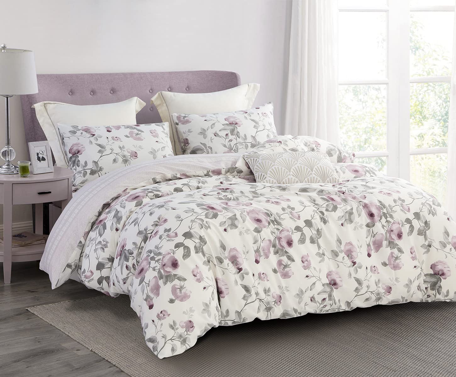 Sleepbella Comforter King Size, 600 Thread Count Cotton White Print With Purple Flowers Reversible Comforter Sets, Down Alternat