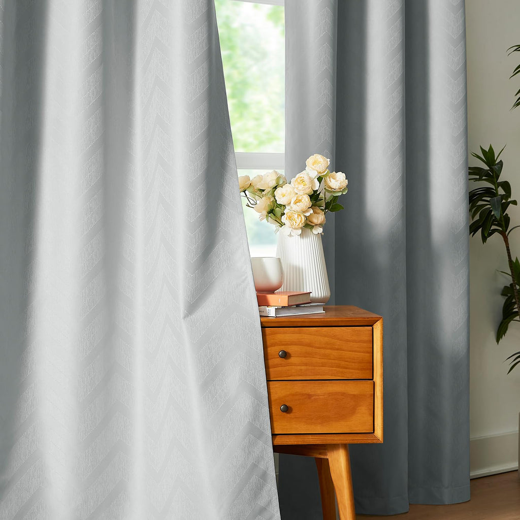 Chevron Blackout Curtains for Bedroom 63'' Grey Jacquard Woven Blackout Window Treatment Set for Men Guest Room Nursery Thermal 