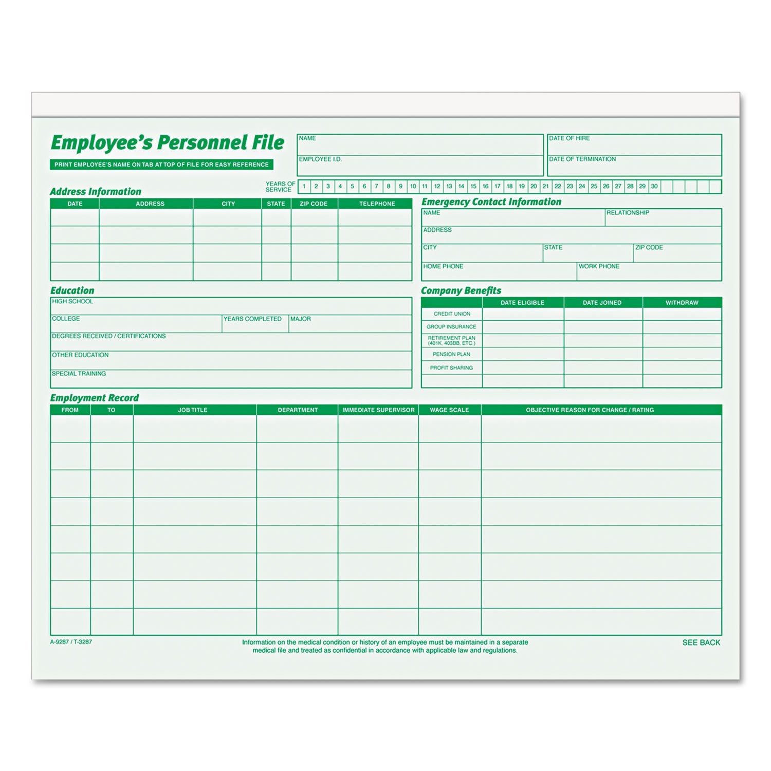 Tops 3287 Employee Record Folders,11-3/4-Inch X9-1/2-Inch , 20/Pk, Green