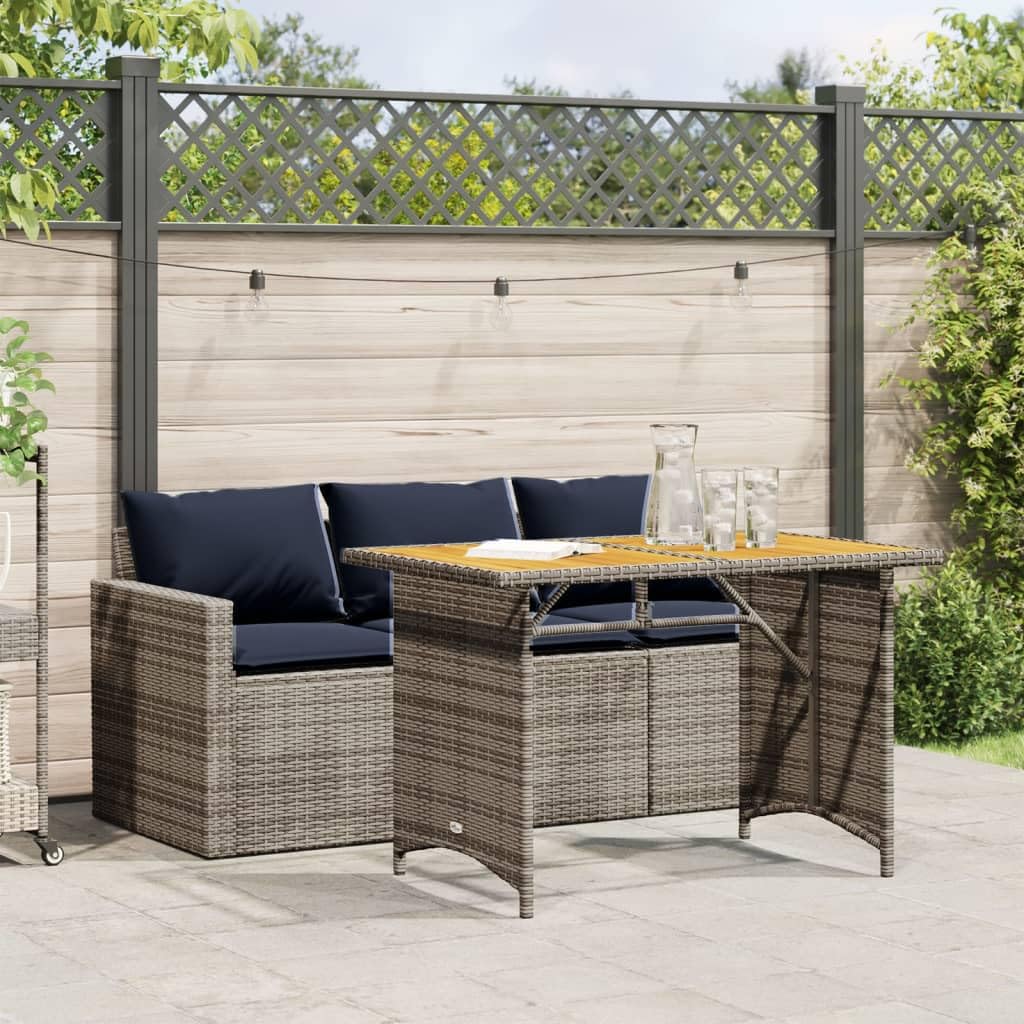 vidaXL Outdoor Patio Dining Set?2 Piece Poly Rattan Furniture w/Cushions ?3-Seater Sofa & Acacia Wood Table - Gray/Navy Blue