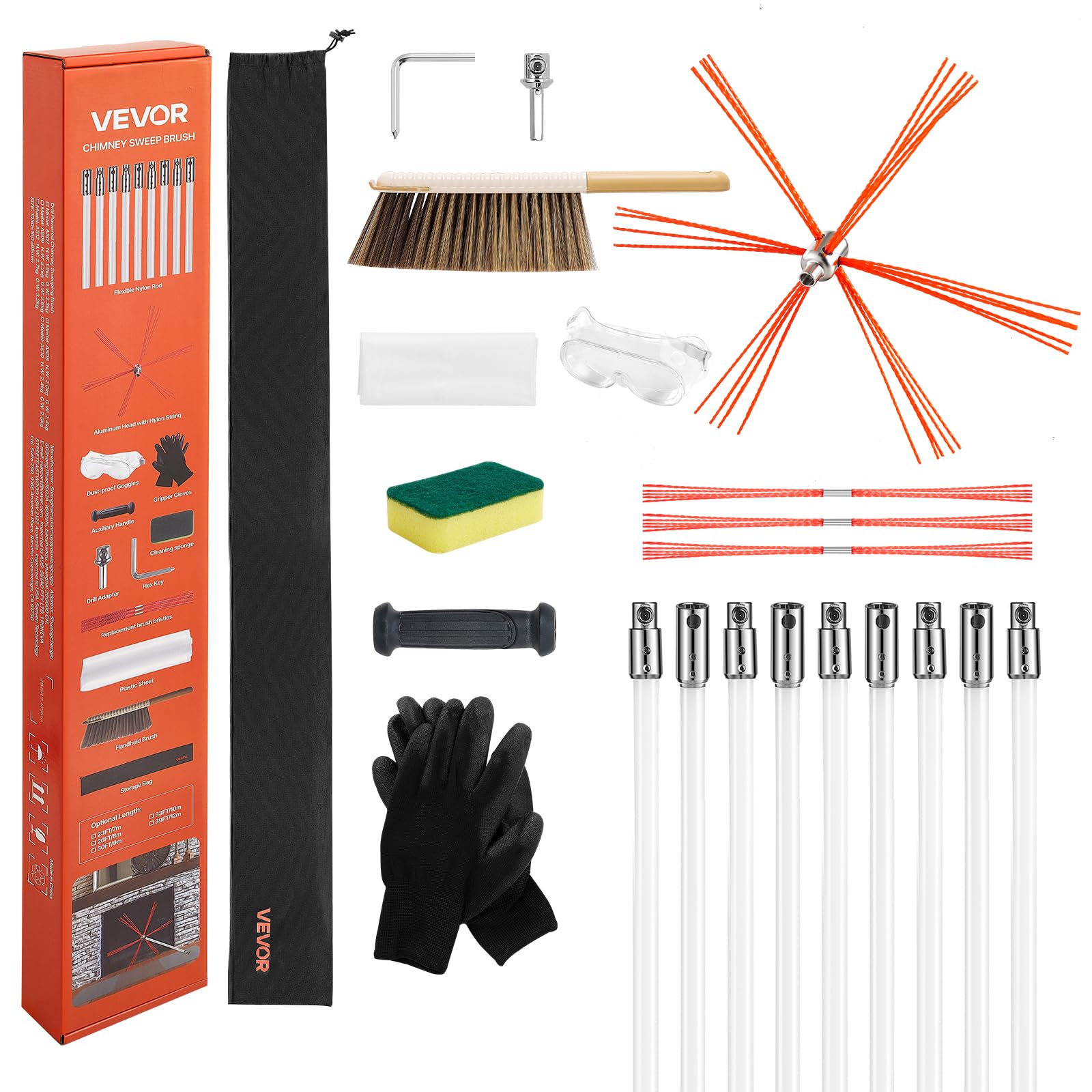 VEVOR Chimney Sweep Kit, 30 ft Maximum Extendable Length Chimney Sweep, Chimneys Cleaning Kit with Bristle Replacements & Goggle
