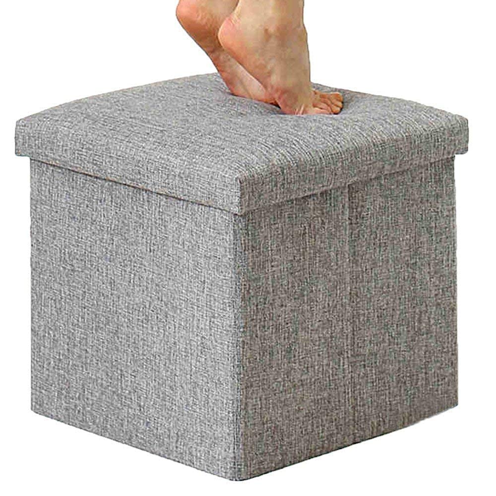 Kerioze Linen Storage Ottoman Cube Foldable Fabric Ottoman Stool With Hidden Storage Space Multipurpose Footrest Seat Organizer