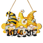 Bee Welcome Wood Door Hanger Wooden Gnome Sign Farmhouse Wall Porch Art Summer Front Door Wreath Hanging for Bedroom Living Room