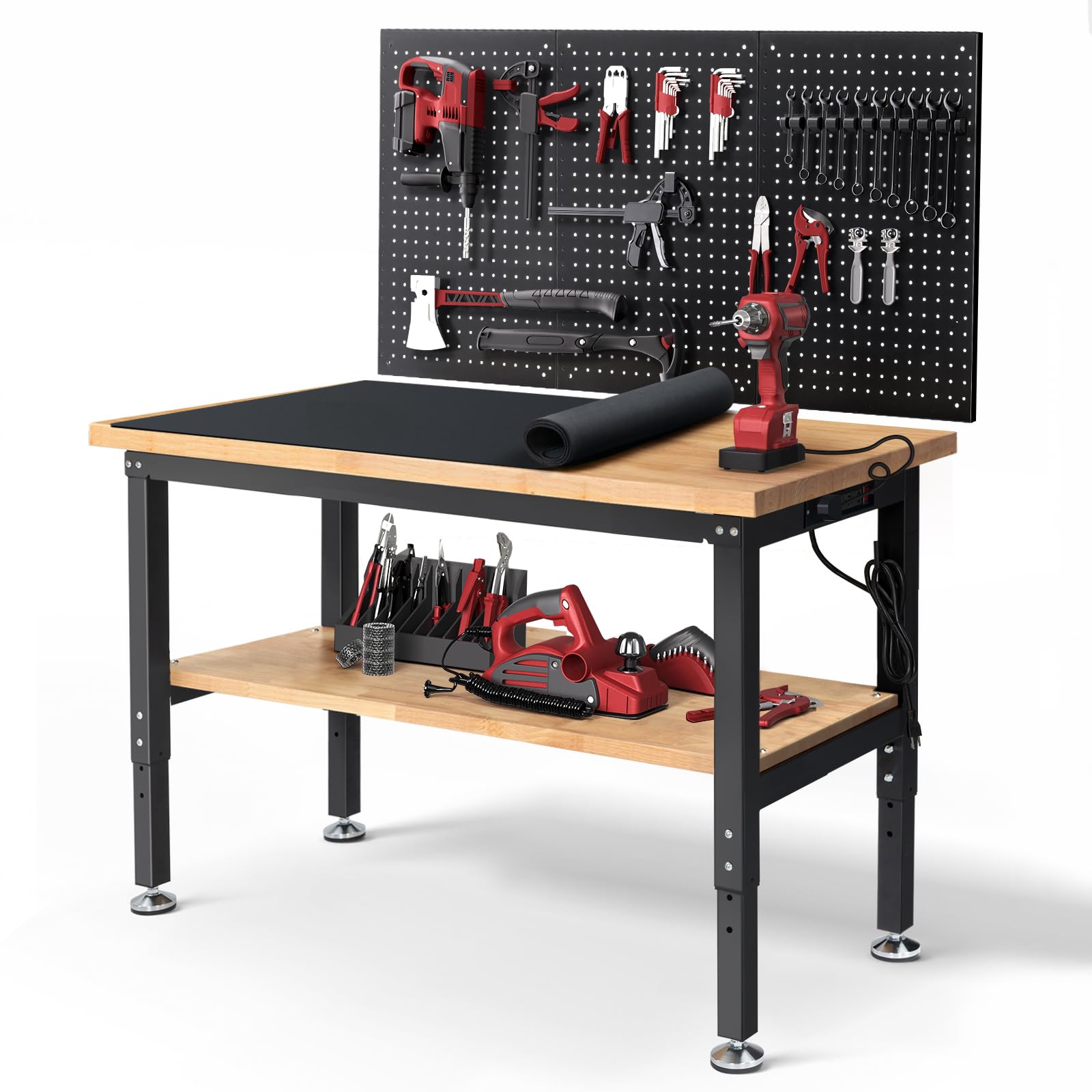 Enjoywood 48 Inch Work Table For Garage Adjustable Height Rubber Wood Tabletop Workbench With Storage Work Bench Table With Powe