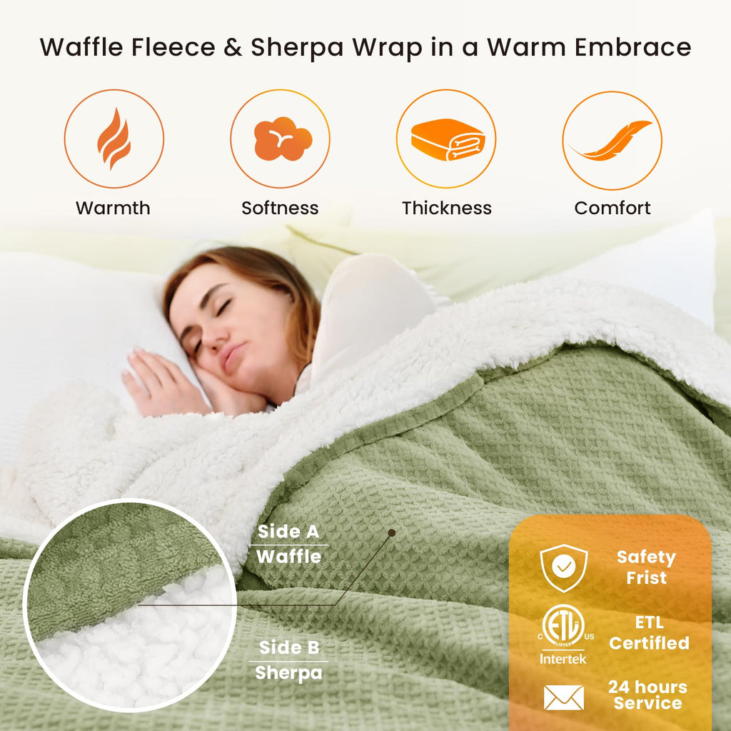 blunique King Heated Blanket, Sage Green, 90x100 Inches, Fast Heating, 6 Levels, Auto Off