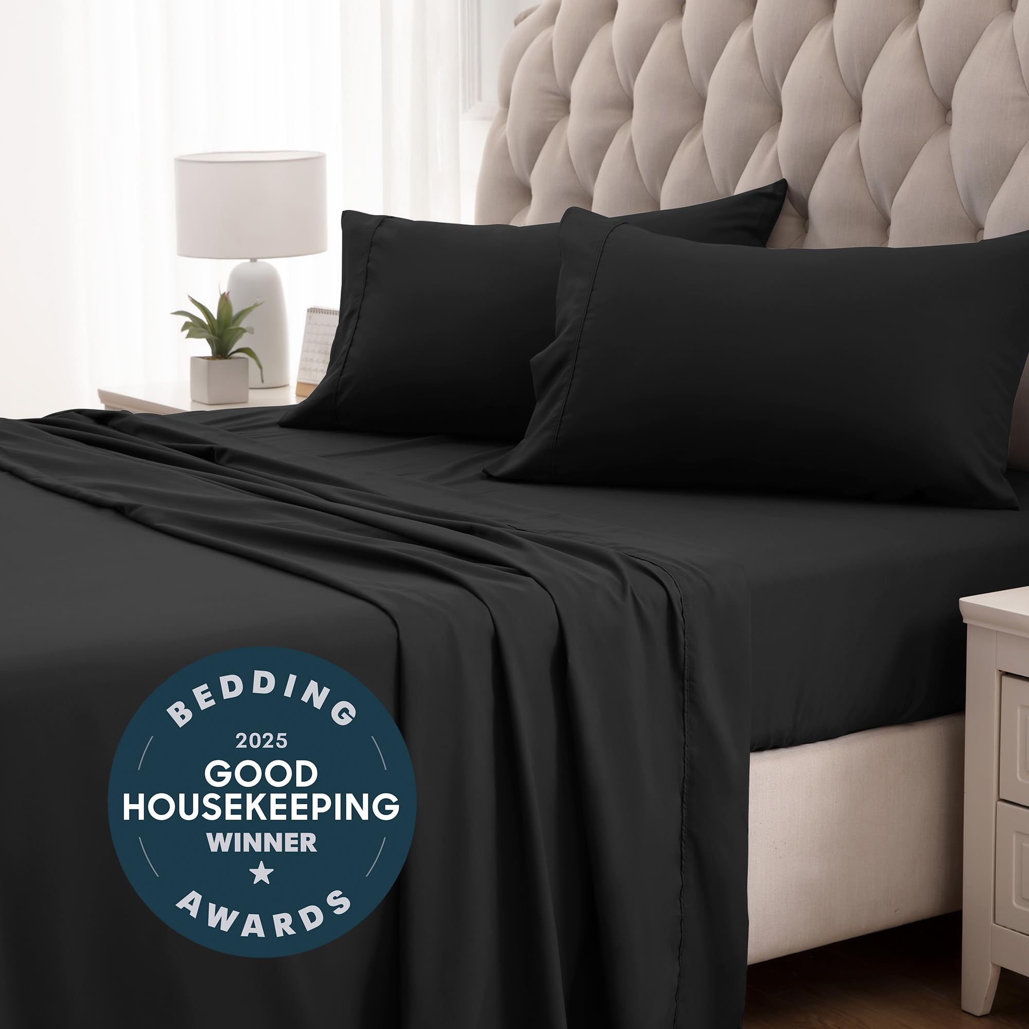 Sleep Zone Nanotex Super Soft Cooling Queen Bed Sheets Set 4 Piece - Easy Care Fitted Flat Sheet & Pillowcase Sets - Wrinkle Free, Fade Resistant, Deep Pocket 16' (Black, Queen)