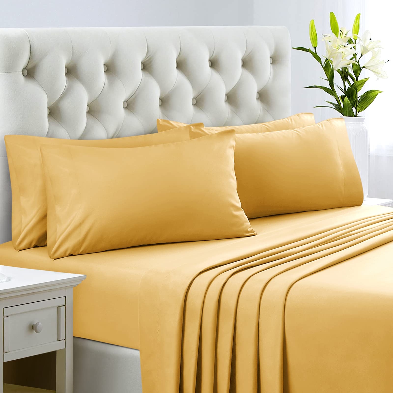 Homeideas King Size Bed Sheets - 6 Piece Set (Gold) - Extra Soft Brushed Microfiber 1800 Bedding Sheets, Deep Pocket, Wrinkle & Fade Free