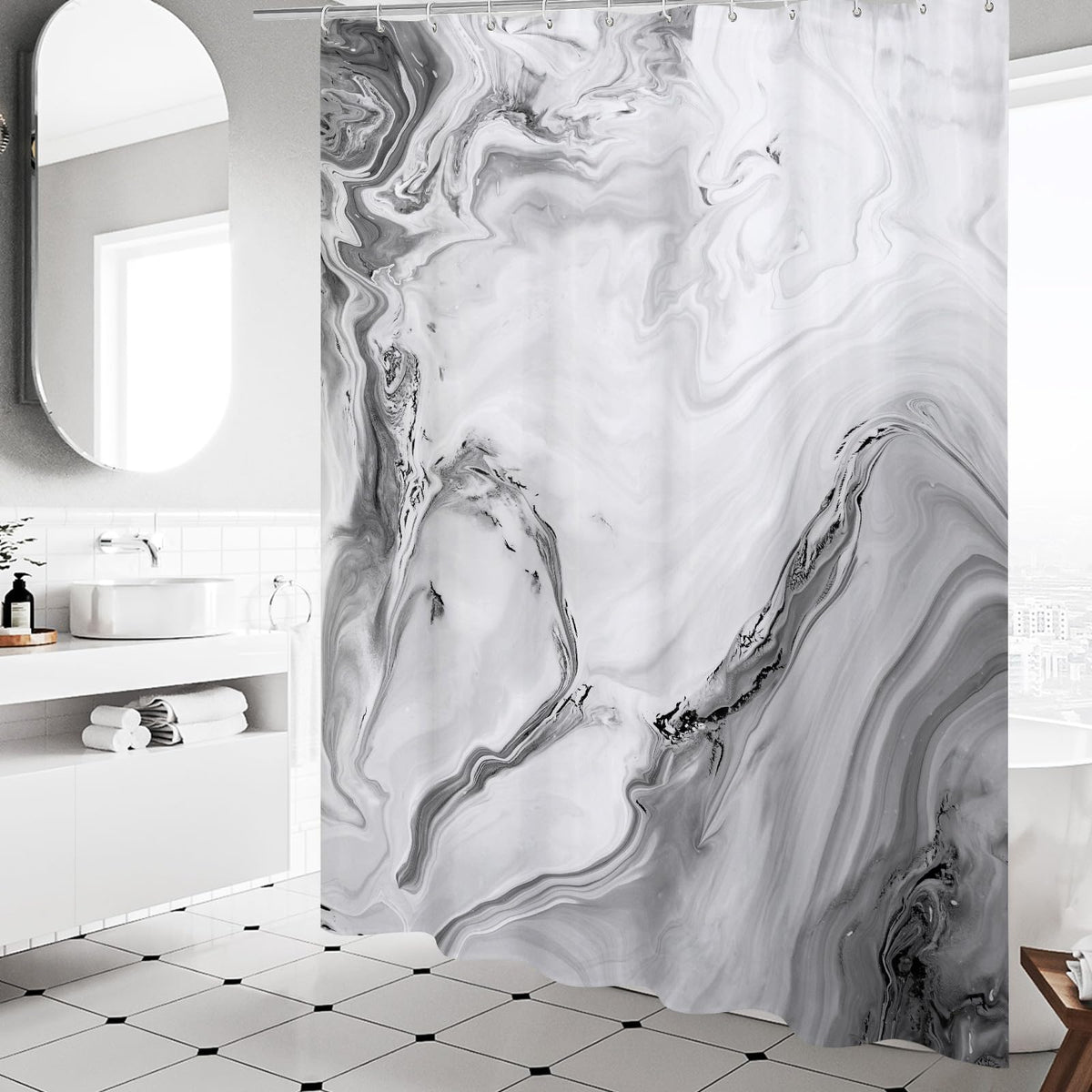 Mitovilla Grey Marble Extra Long Shower Curtain Set 72 X 84, Modern Ombre 84 Inch Xl Shower Curtains For Chic Bathroom Decor, Ab