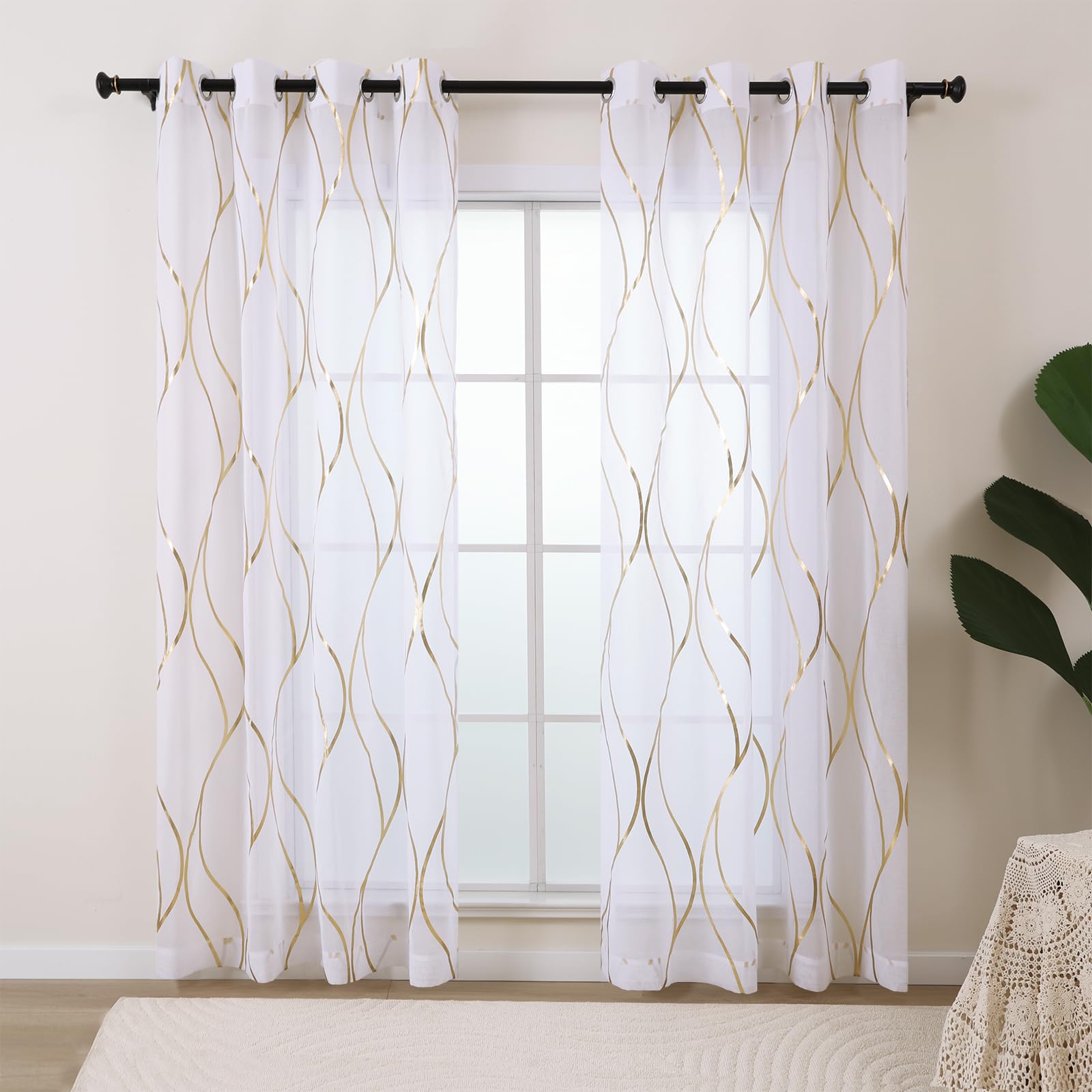 L.Z.E Gold White Sheer Curtains 96 Inches Long 2 Panels Set For Living Room Bedroom See Through Sheer Curtains & Drapes Grommet